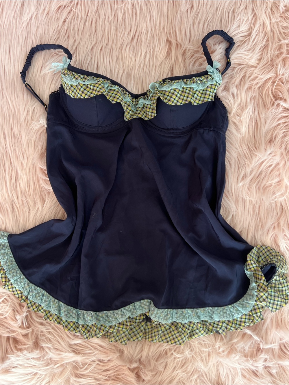 Victoria's Secret Navy Satin Camisole with Green Gingham & Mint Lace